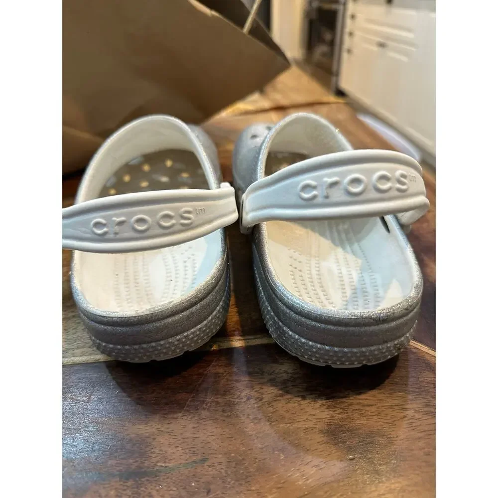 Crocs Unisex Classic Glitter II Metallic Silver Clog Sandal Shoes Size J4
